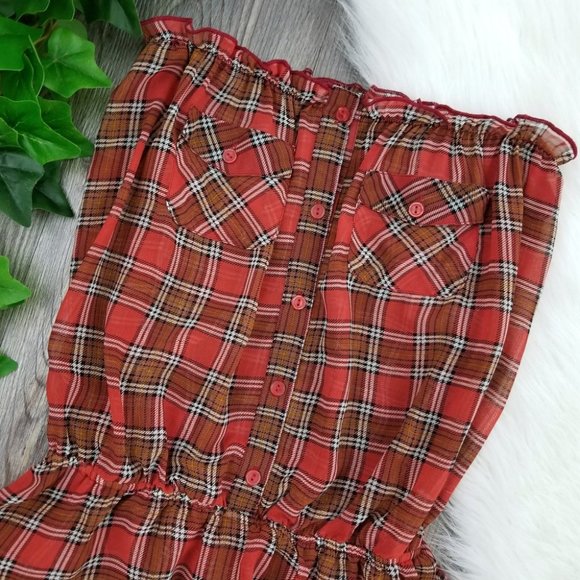 Papaya Plaid Strapless Peplum Top - Picture 6 of 8